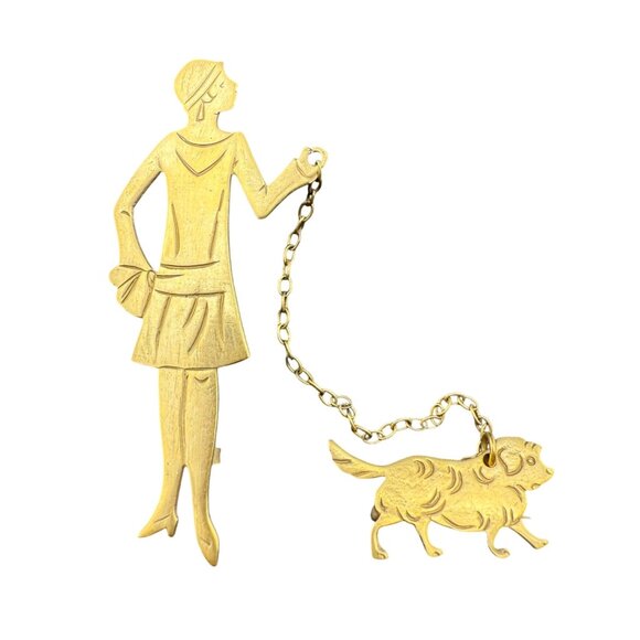 Vintage Gold-Tone Lady Walking Dog Brooch Pin Art Deco Style Chain Detail Jewelr - Picture 1 of 8